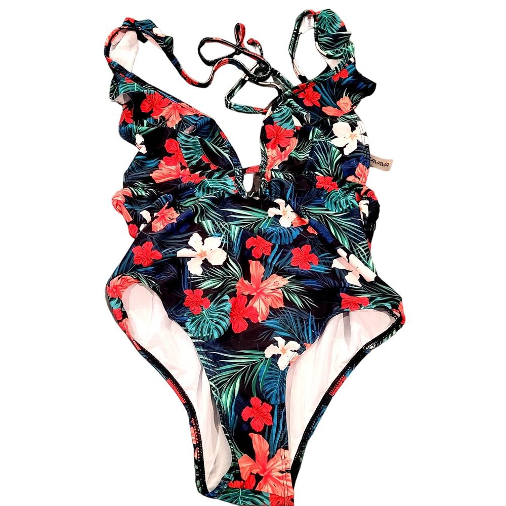 Lalavava One Piece Swimsuit Deep V-Neck Bathing Suit Padded Tropical, SM (4)